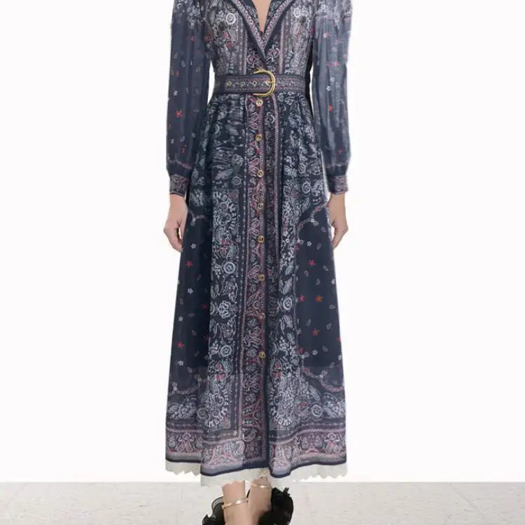 Summer Vintage For Women Printing Dresses Long Sleeve Lapel Single Breasted Chiffon Dress High Waist New Luxury Female Clothing