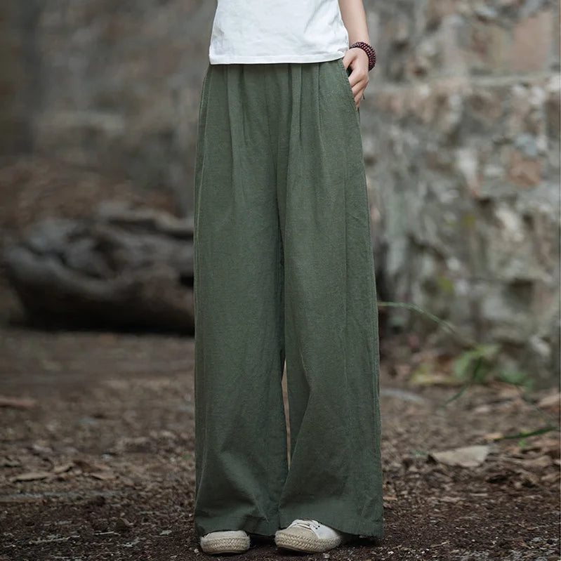 Vintage Casual Cotton Linen Female Pants Spring Summer Korean Style Elastic Waist Solid Women Long Straight Wide Leg Pants green One Size