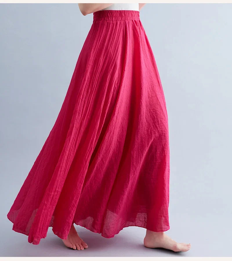 Fashion Cotton Linen Clothes Women Skirts Maxi Y2k Elegant Beach Saia Ropa Mujer Casual Vestido Boho Long Skirt Faldas Harajuku Rose Red