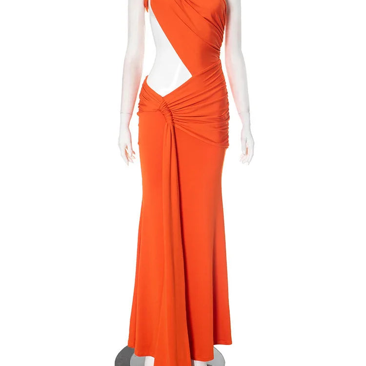 Irregular Ruched Sexy Maxi Dress For Women Gown Hollow Out One Shoulder Sleevelessdraped Bodycon Club Party Long Dress