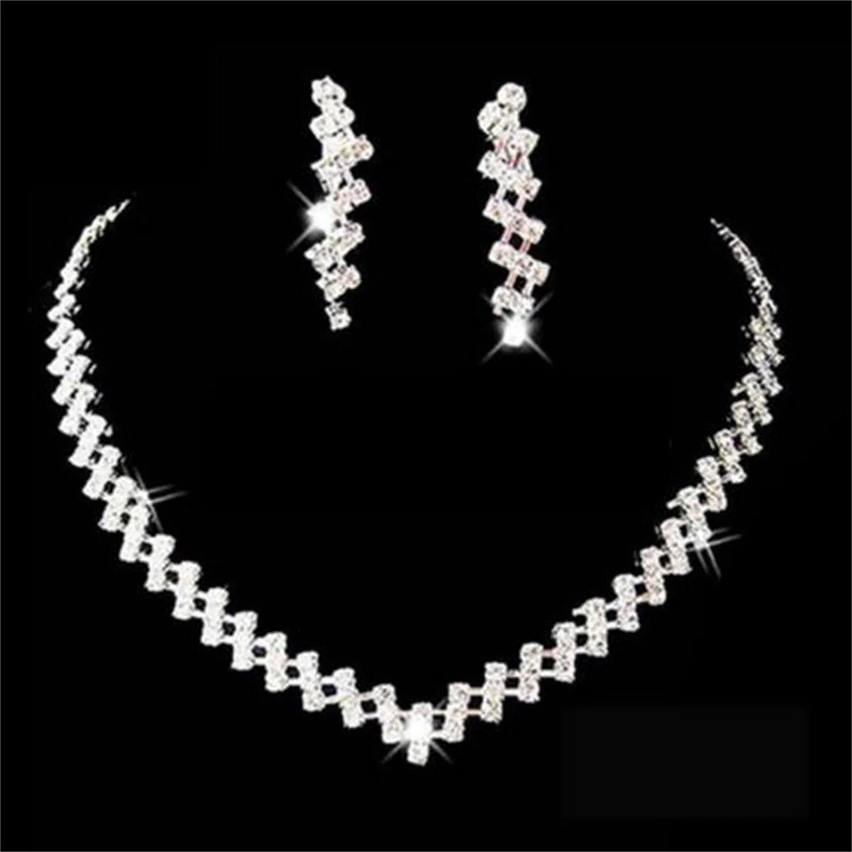 Luxury Elegant Zircon Flower Necklace Earrings Set For Women Silver Color Rhinestone Waterdrop Heart Wedding Bridal Jewelry Set