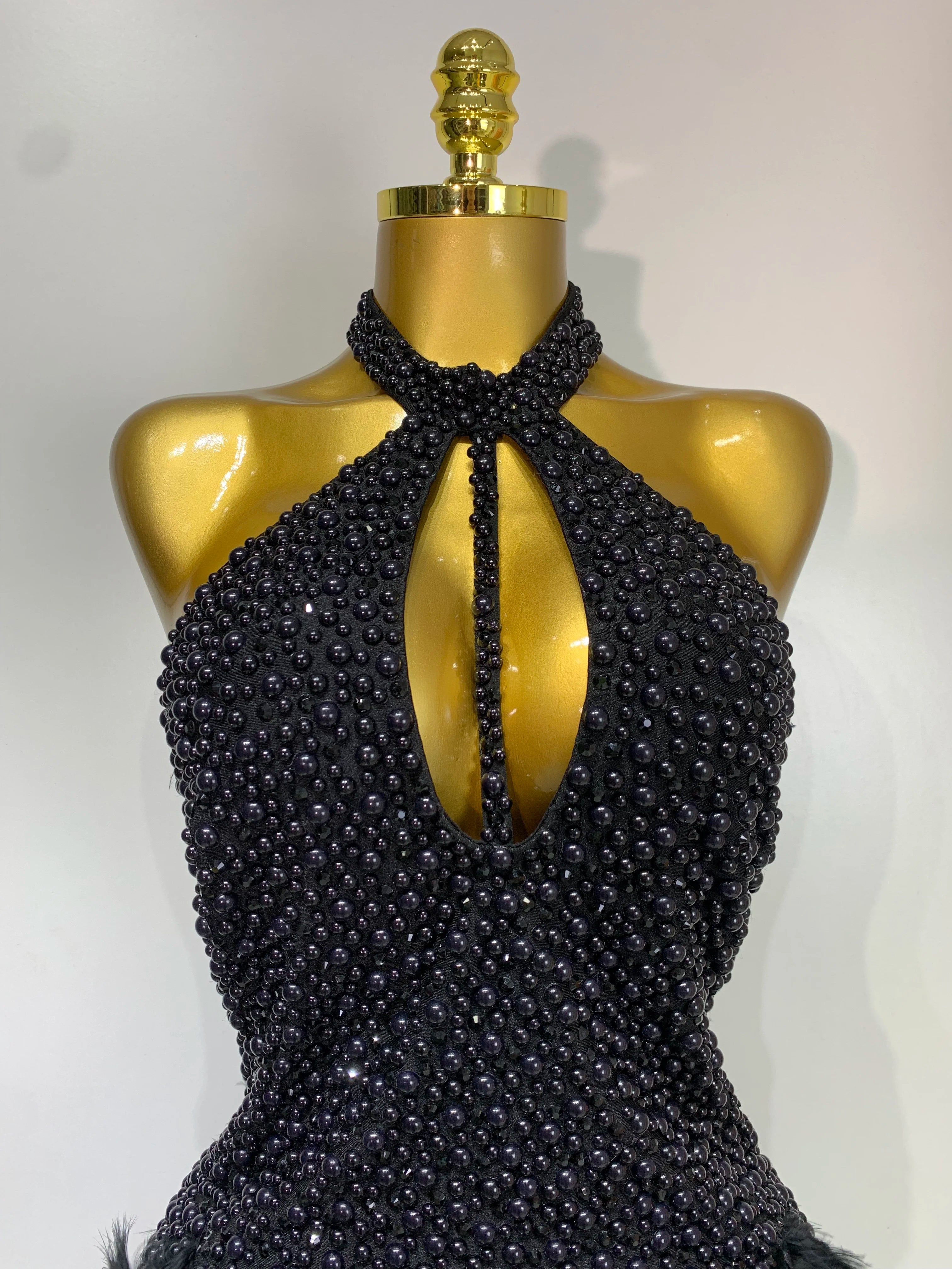 Sexy Backless Feathers Performance Costume Stage Dancer Black Mini Stretchy Nightclub Luxury Birthday Evening Party Dresses