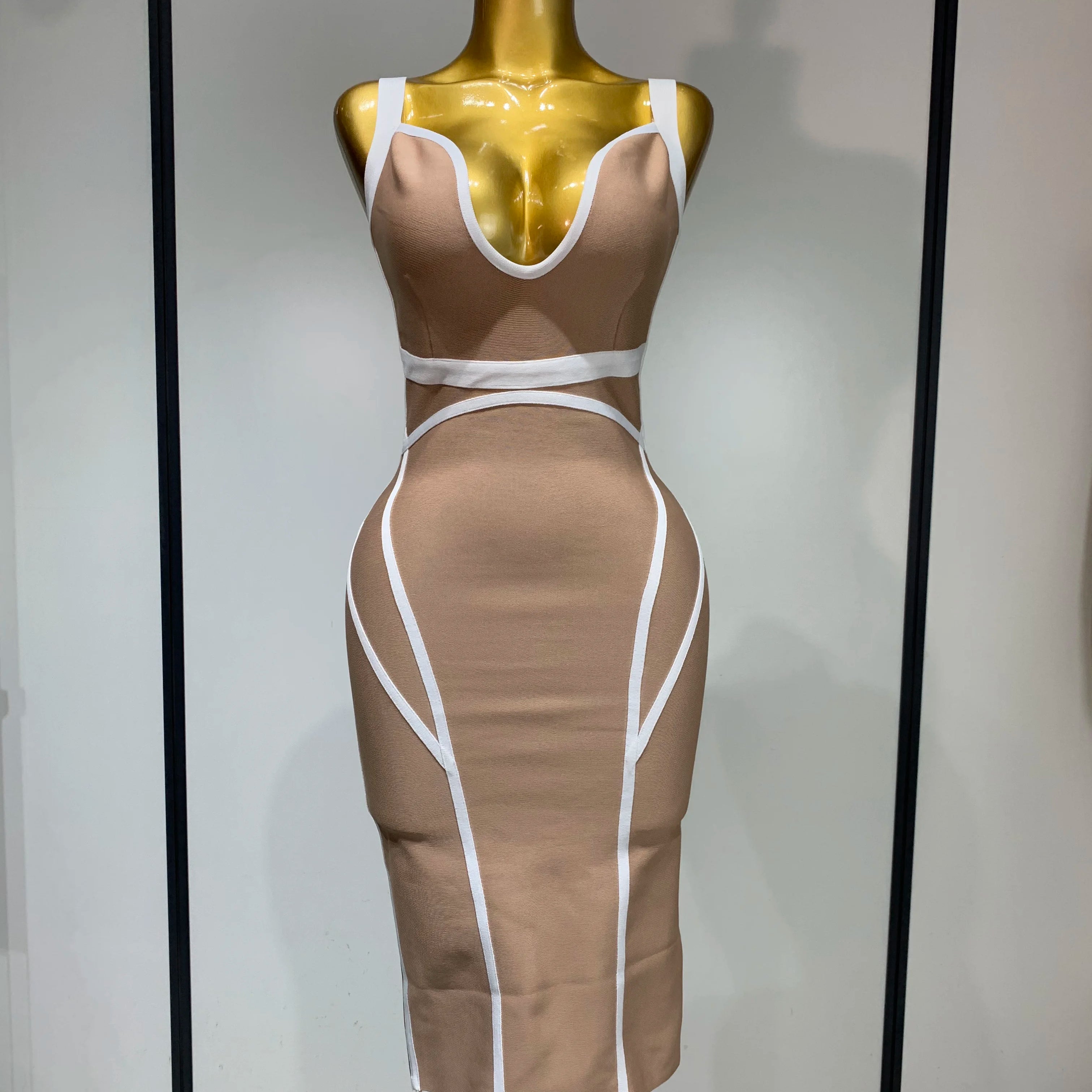 Women Sexy V Neck Striped Midi Bandage Bodycon Dress 2025 Celebrity Elegant Evening Club Party Luxury Birthday Outfit