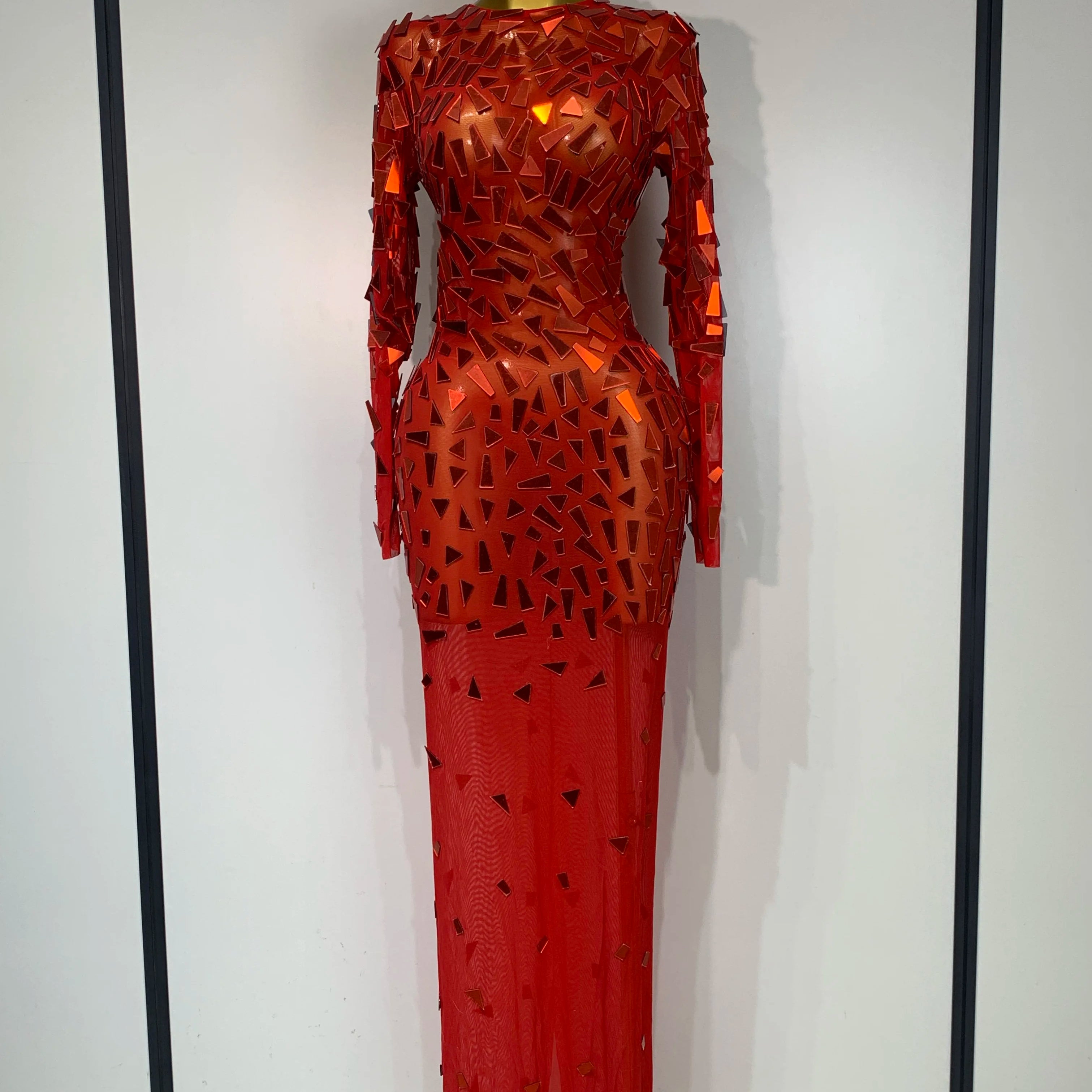Sparkly Sequin Red Long Dress Luxury Birthday Celebrate Wedding Evening Prom Clothing Sexy Mesh See Through Strech Evening Gown