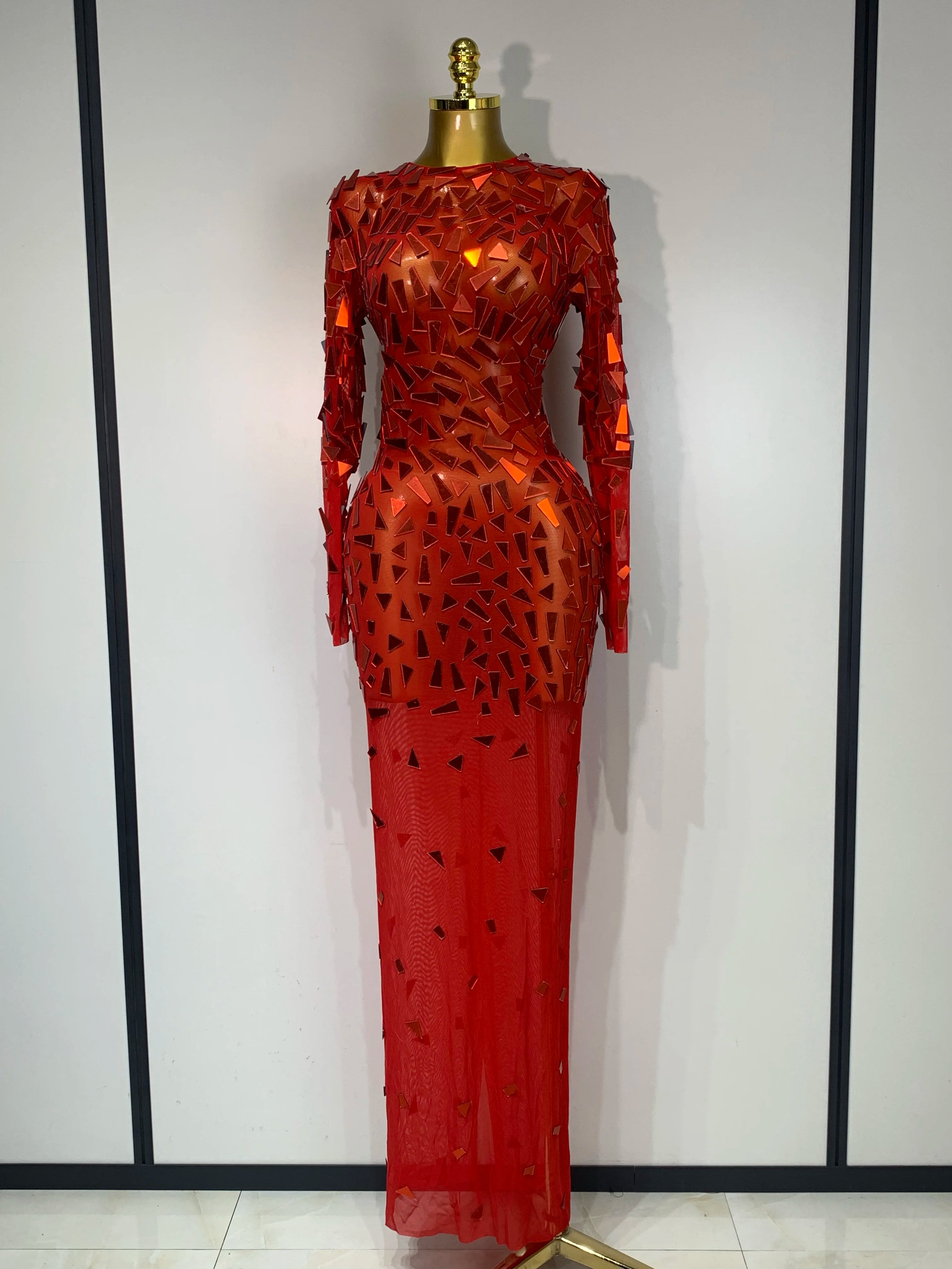 Sparkly Sequin Red Long Dress Luxury Birthday Celebrate Wedding Evening Prom Clothing Sexy Mesh See Through Strech Evening Gown