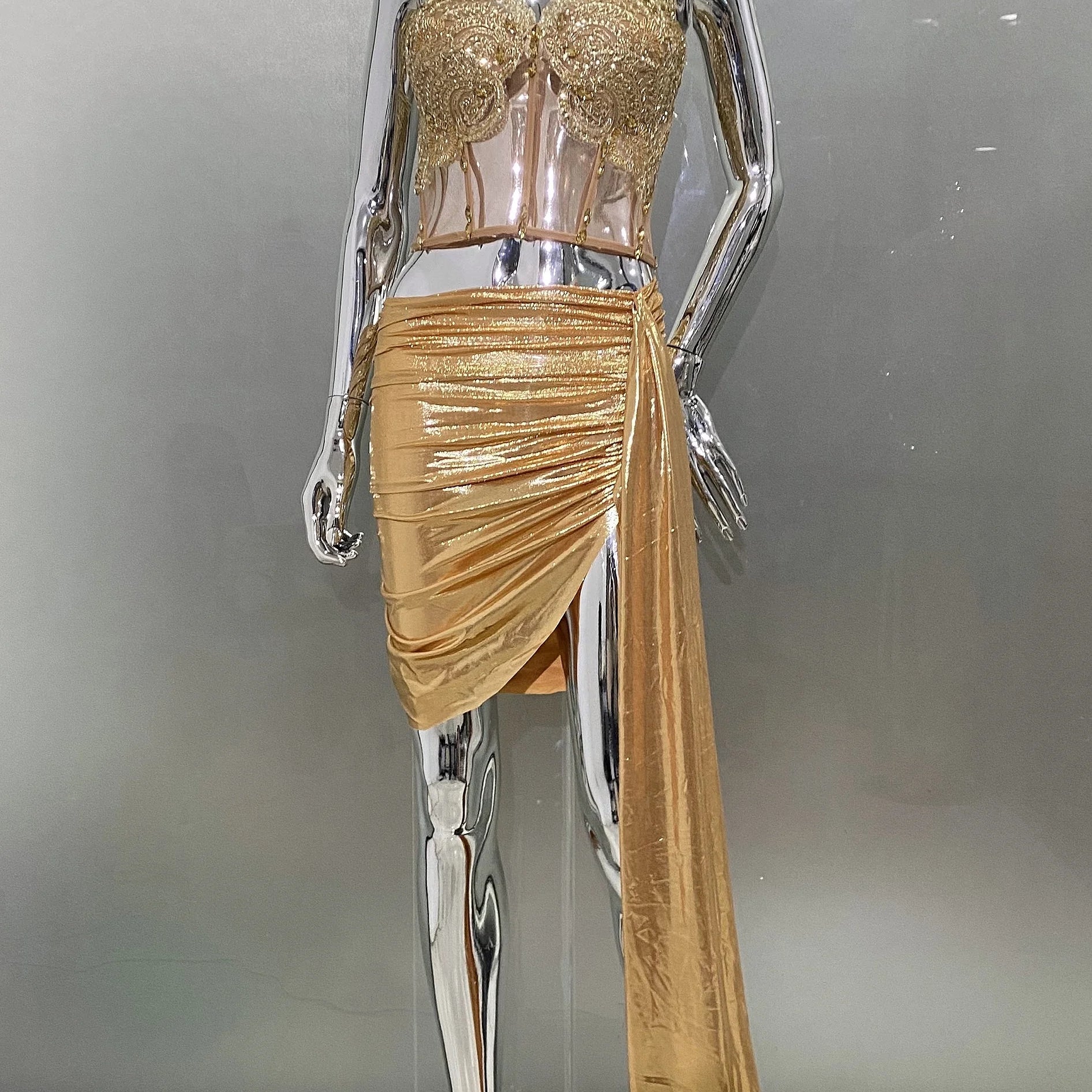 Golden Sparkling Diamonds Sexy See Through STrapless Top And Mini Skirt 2 Pieces Woman Set Party Vestido Performances Costume