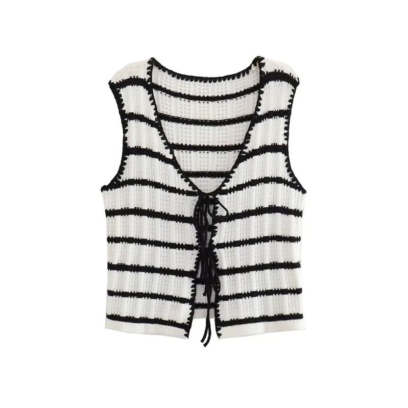 TRAF Women Fashion Summer 2 Pieces Set Black And White Striped V-Neck Lace-Up Tops+Knitted High Waist Wide Leg Pants Female Suit Top