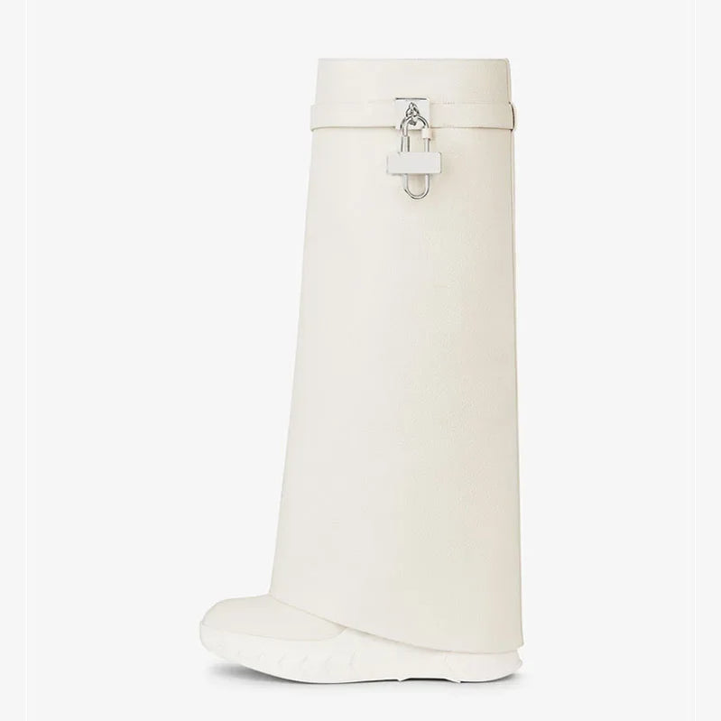 Leather Metal Padlock Woman Knee Length Boots Black Pink Slope Heel Autumn Winter Skirt Boots Size 35-43 Women Shoes 8062White PU