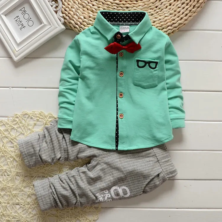 Kids Thinner Clothes Sets Spring Autumn Tracksuit Baby Boys Kid Long Sleeve Gentleman Suits Children T Shirt Pants Clothing Sets S0011-Green