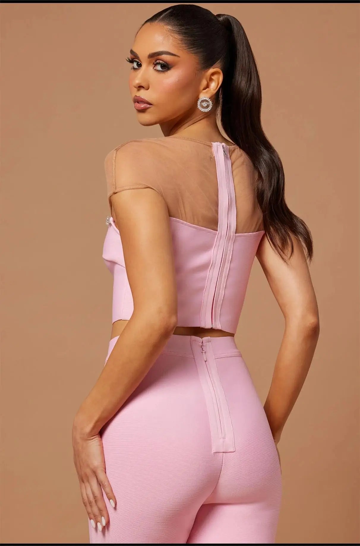 New Fashion Pink Color Women Sexy Mesh Crystal Tops Bandage Pants 2 Pieces Bodycon Set High Street Evening Party Set
