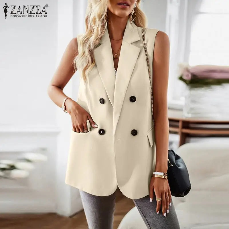 Vintage OL Jacket Casual Lapel Blazer Women Double Breasted Suit Coats Fashion Sleeveless Office Vest Autumn Femme Beige