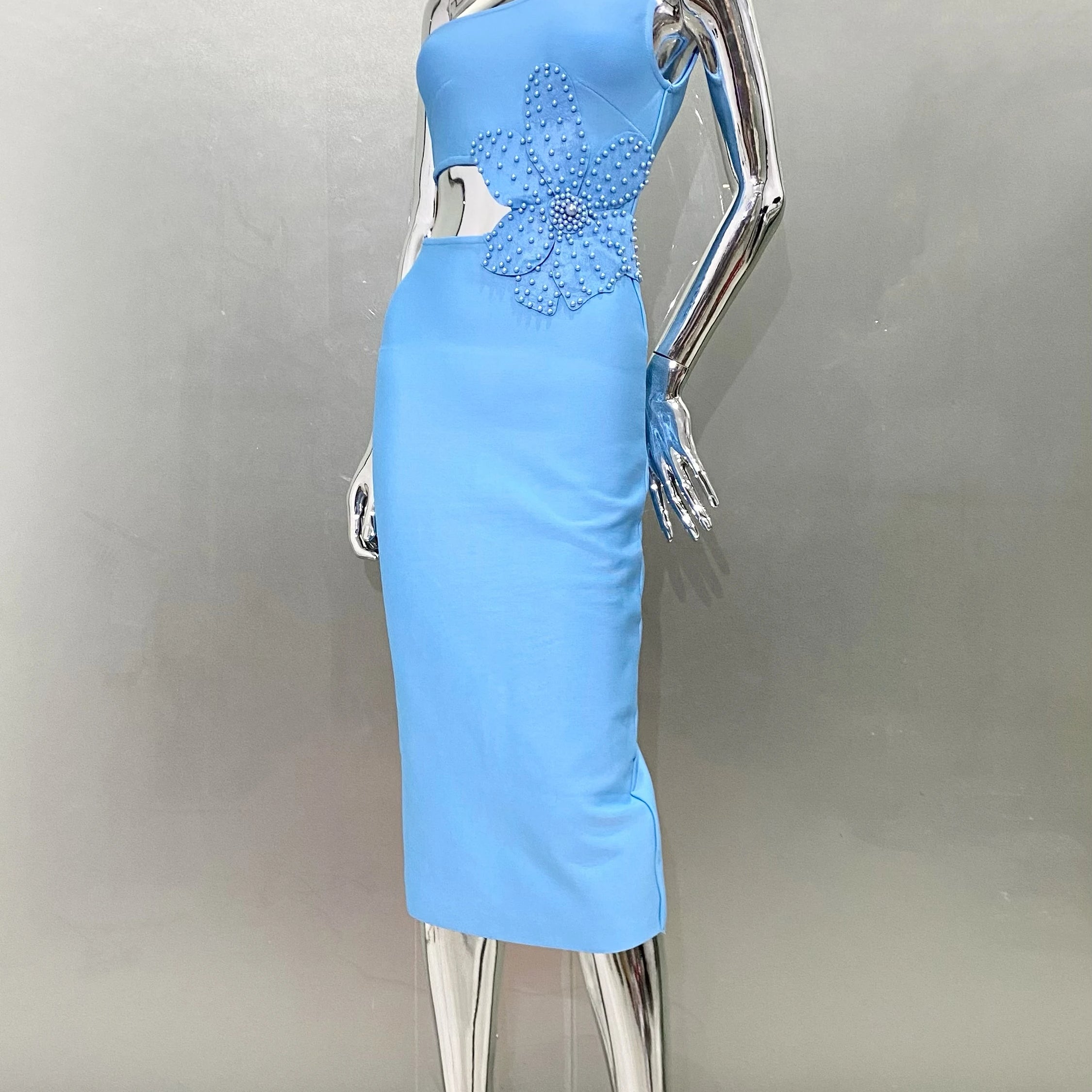 Blue Color Beading Flower Sexy One Shoulder Expose waist Mid Calf Bandage Dress Elegant Woman Evening Dress Cocktai Party Outfit