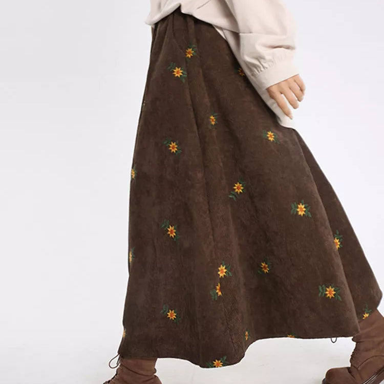 Gaya Korea High Waist Corduroy Bordir Rok Panjang Wanita Musim Gugur Musim Dingin Longgar Rok A-Line Rok Retro Casual Elegant