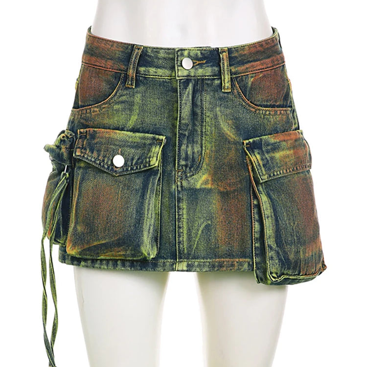 Women's Denim Skirts Tie-dye Green Irregular Spliced Multiple Pockets Cargo Mini Skirt Autumn Fashion