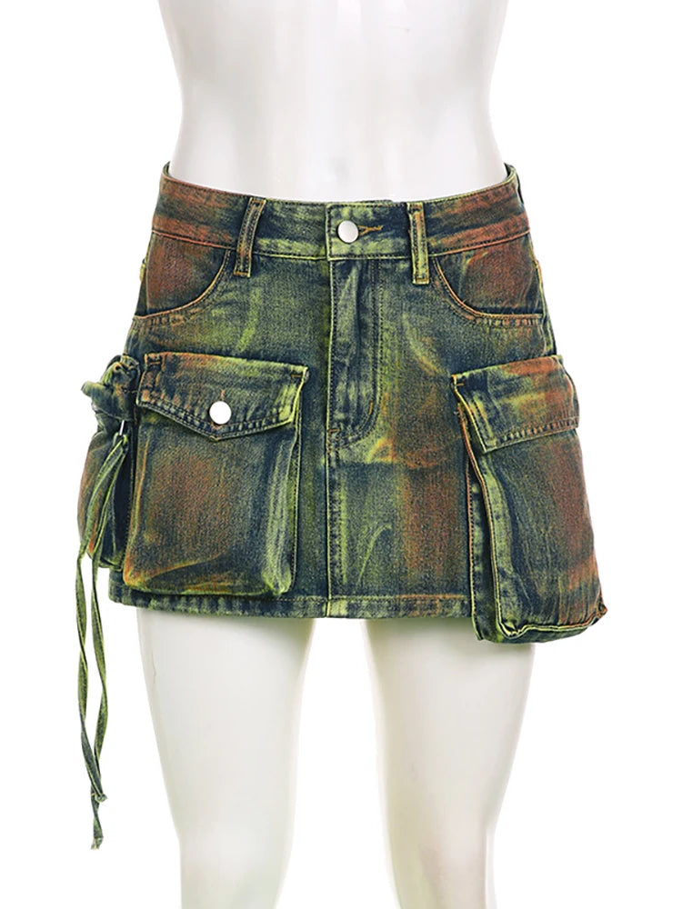 Women's Denim Skirts Tie-dye Green Irregular Spliced Multiple Pockets Cargo Mini Skirt Autumn Fashion