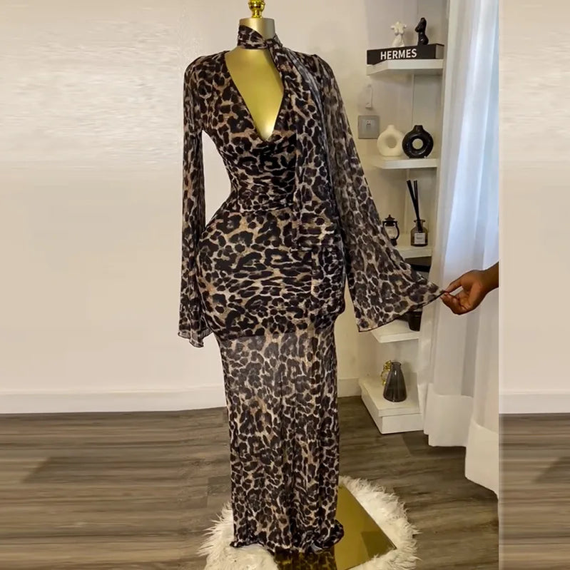 CM.YAYA Women Full Sleeve Pile Collar leopard print Long Maxi Dress Holiday Beach Birthday Evening Sexy Party Dresses Vestidos