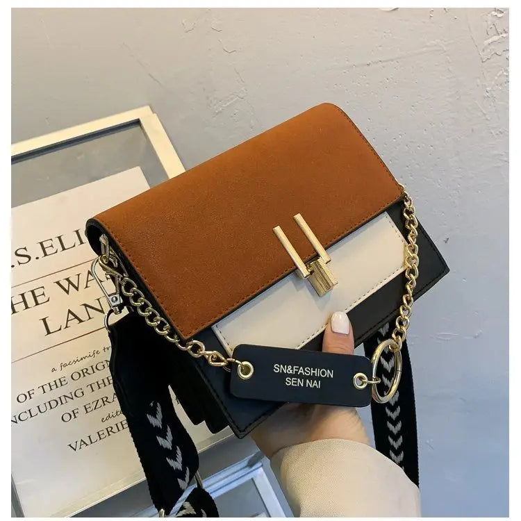 PU Small Bag Women's Wide Shoulder Strap Chain One-Shoulder Crossbody Bag Khaki color