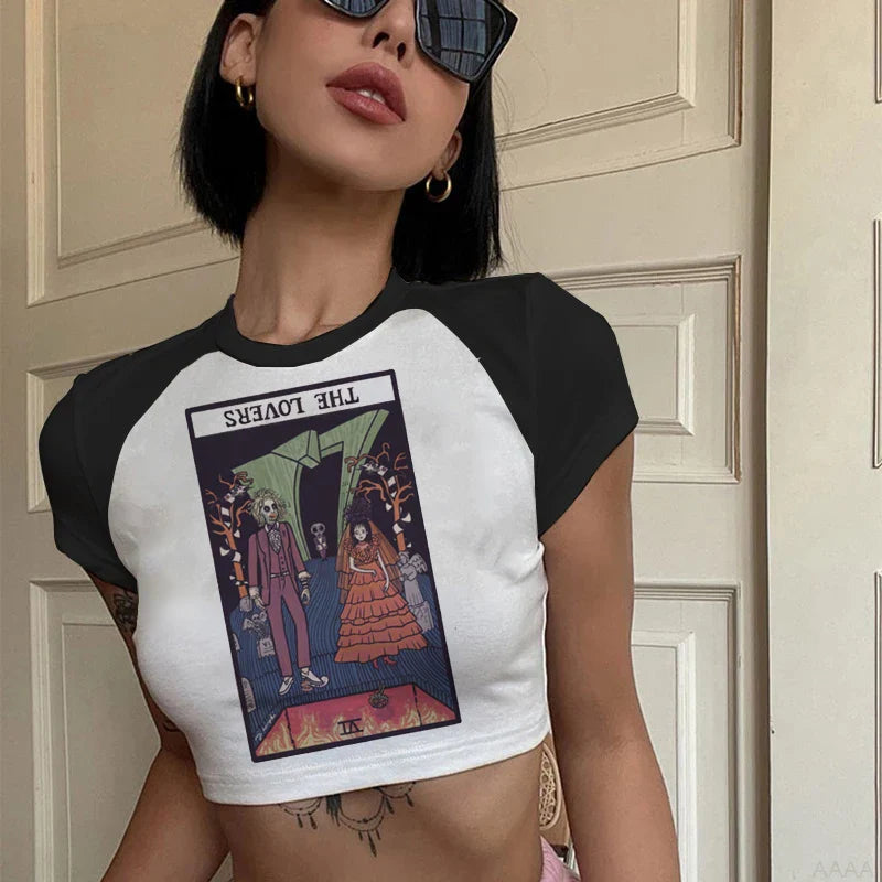 Lady Fashion Women Short Sleeve Summer Harajuku Crop Top Clothes Tshirt Female Tarot Print Cute Lovely Casual Aesthetic T-Shirt