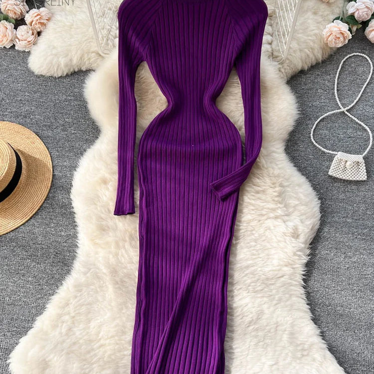 Winter Women Knit Maxi Dress O Neck Autumn Long Sleeve Slim Solid Harajuku Ladies Fashion Pencil Sweater Long Dresses