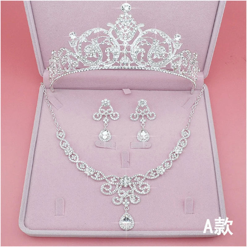 Bridal Jewelry Sets Crown Necklace Earrings Four Pack Silver Colour Women's Fashion Wedding Tiaras