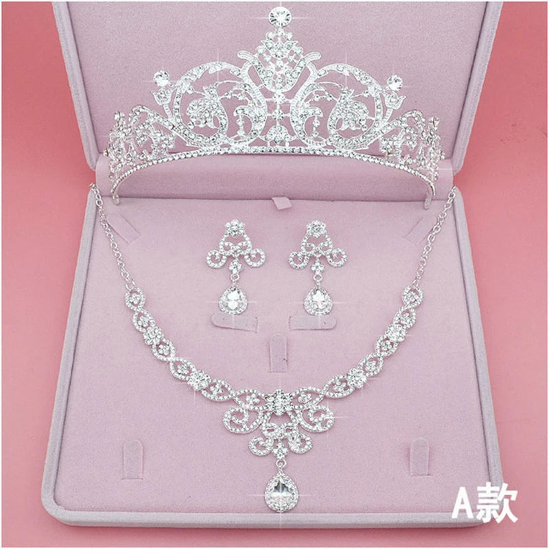 Bridal Jewelry Sets Crown Necklace Earrings Four Pack Silver Colour Women's Fashion Wedding Tiaras