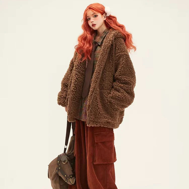 Lautaro-Kawaii Faux Fur Hoodie with Bear Ears for Women, Fluffy Sherpa Jacket, Oversized, Brown, Warm, Fuzzy, Sweet, Cute, Winte