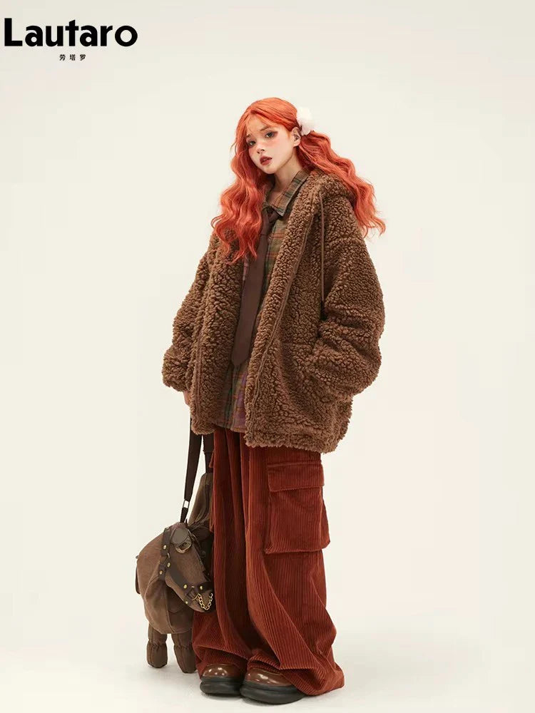 Lautaro-Kawaii Faux Fur Hoodie with Bear Ears for Women, Fluffy Sherpa Jacket, Oversized, Brown, Warm, Fuzzy, Sweet, Cute, Winte