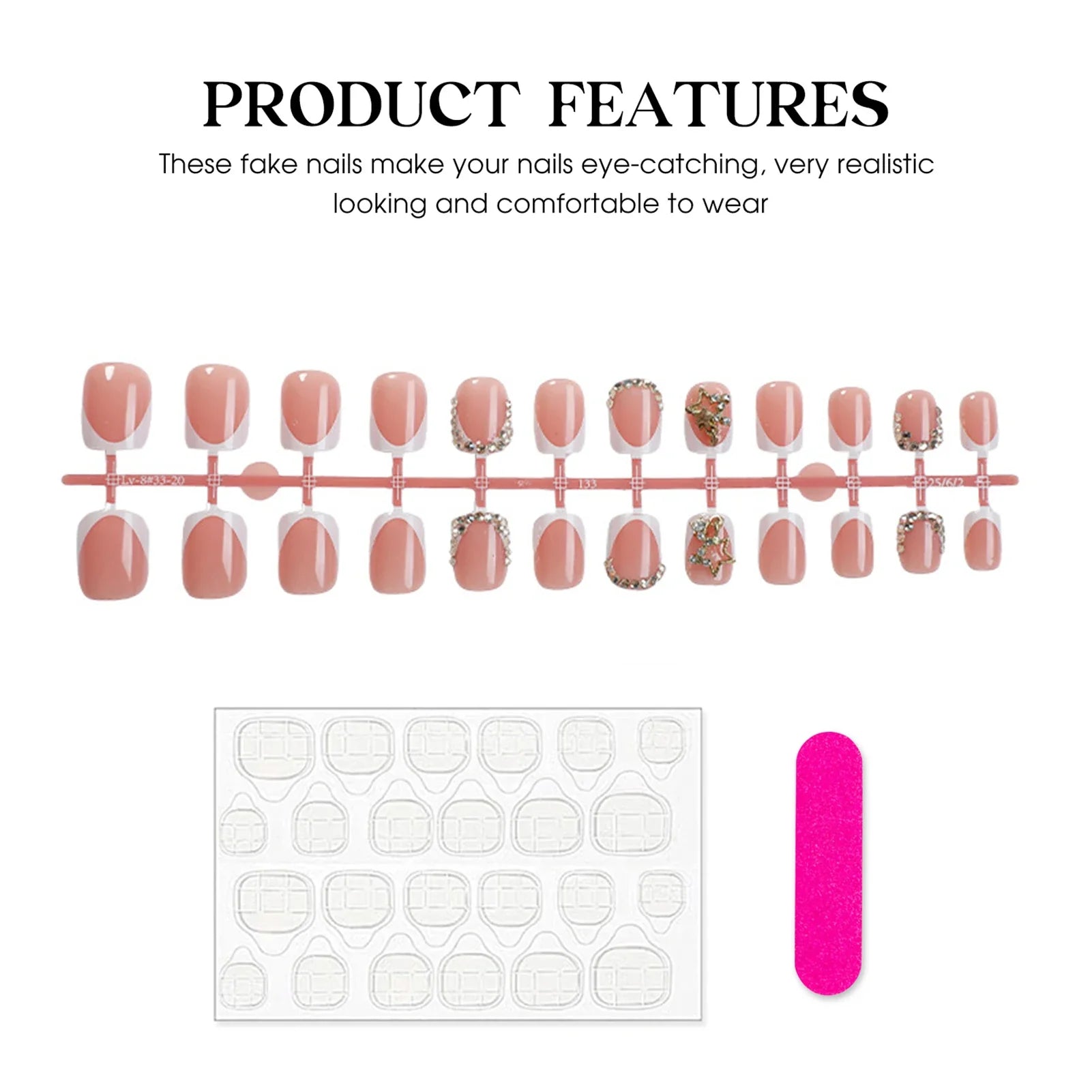 White French Fake Nails Short Square Head Press On Nails Shiny Rhinestone Alloy Star Designs Women Girls  Year False Nails