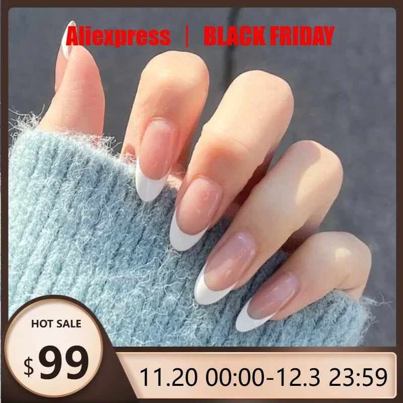 24Pcs Minimalist Fake Nails White French Tip Press On Nails Glossy Medium Almond Shape Full Cover False Nails For Women Girls