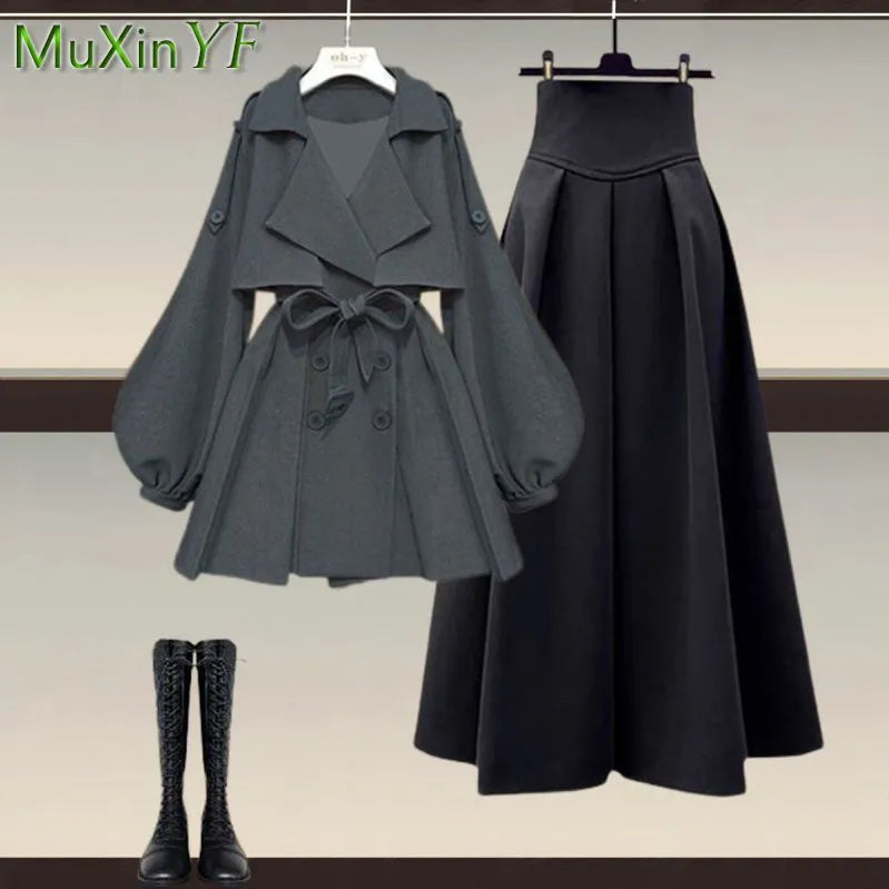 Women's Autumn/Winter New Fashion Waist Jacket Midi Skirt Two Piece Suit Korean Elegant Loose Coat Dress Matching Set