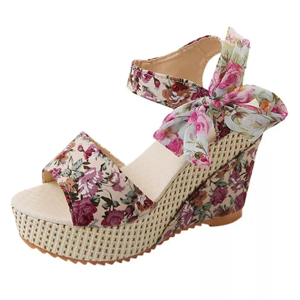Women sandals Lace Leisure Women Wedges Heeled Women sandals Summer Sandals Party Platform High Heels Shoes Woman Pink flower