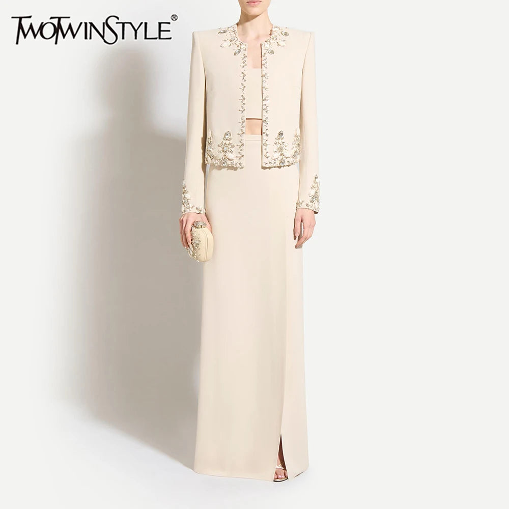 TWOTWINSTYLE Solid Slimming Two Piece Sets for Women Round Neck Long Sleeves Patchwork Bead Top High Waist Split Skirt Female