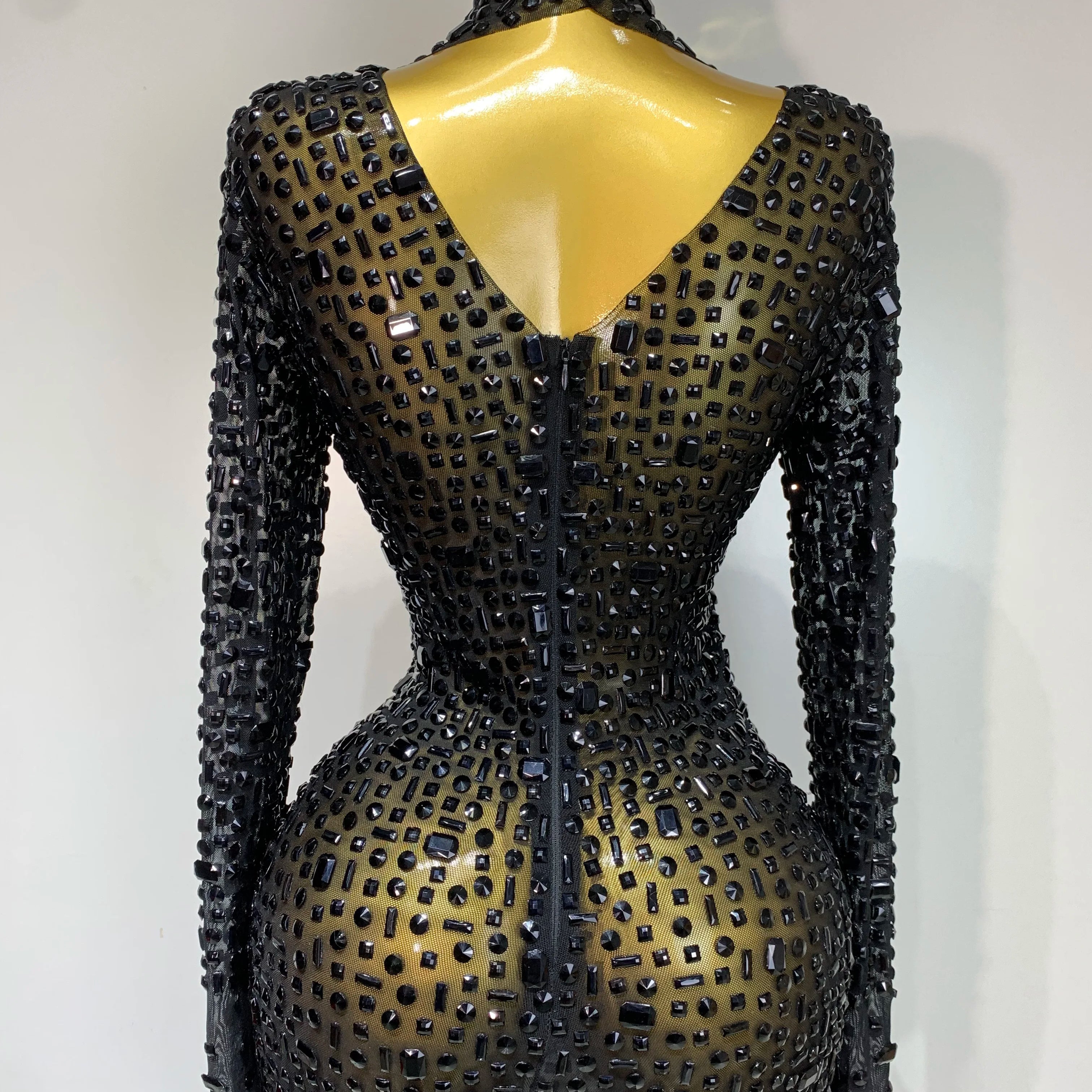 Sparkly Luxury Rhinstones Long Sleeve Elegant Party Dress Women 2025 Performance Stage Outfit Evening Birthday Prom Gown