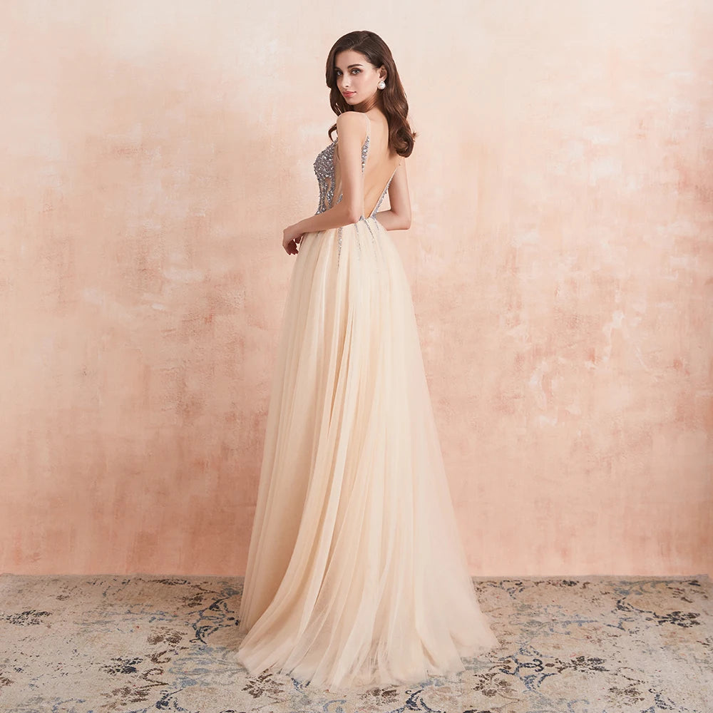 Sexy V Neck Evening Dresses for Women Champagne Crystal Beaded Beads Backless Formal Prom Gowns