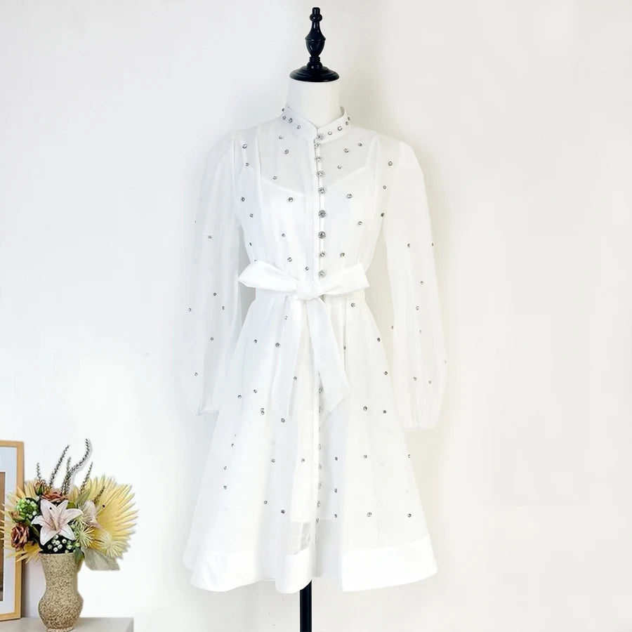 French Luxury Crystal Beaded Wedding Prom Mesh Dress Women Stand Long Lantern Sleeve Diamond Buttons Belt Lace Up Mini Vestidos