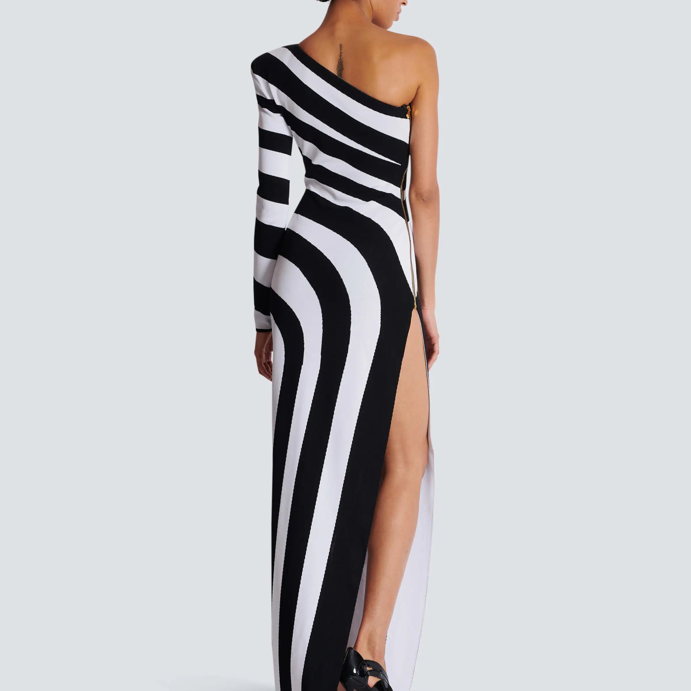 Black White Stripes Sexy High Slit One Shoulder Ankle Length Bandage Dress Fashion Woman Evening dress Celebrity Party Outfit