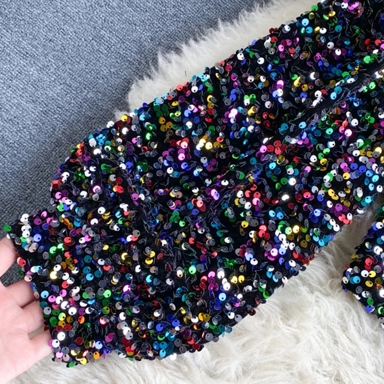 Fall 2024 Oblique Collar T-shirt Strapless Unilateral Puff Sleeve Slim Fit Short Sequined Top