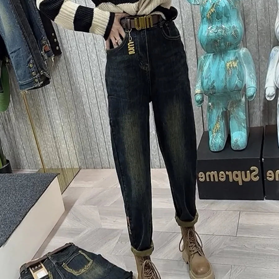 Y2k Jeans Women's Jeans Large Size High Waist Lean Elastic Thick Design Retro Fashion Women's Pants Harun Pants