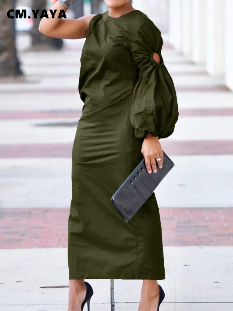 CM.YAYA Women Cutout One Long Sleeve Ruched Side Split Maxi Bodycon Midi Dress 2023 Winter Vintage Sexy Party Dresses Vestidos