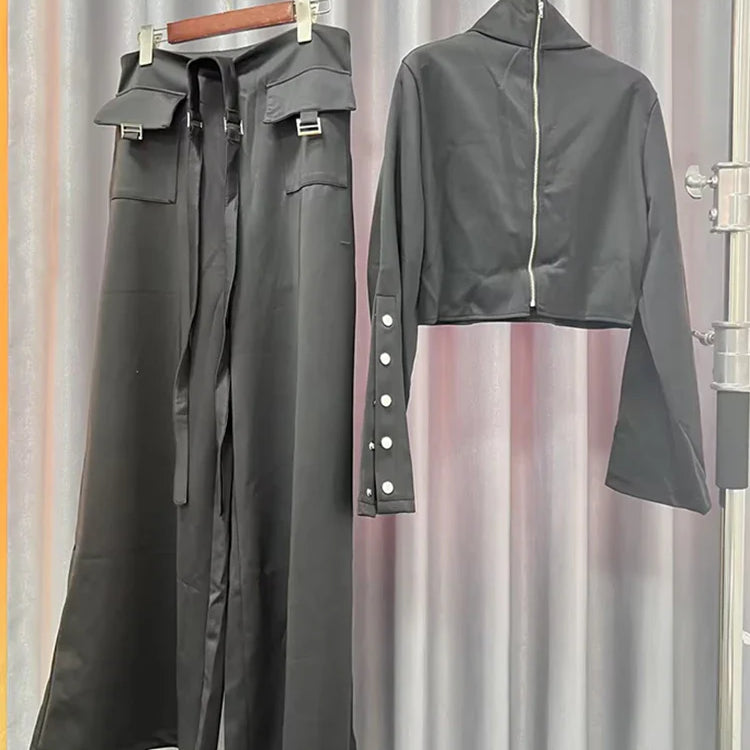 Streetwear Two Piece Set For Women Stand Collar Long Sleeve Top High Waist Pant Wide Leg Pant Chic Sets Female New