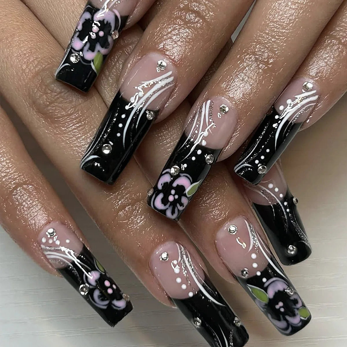 Mid-length Coffin Fake Nails 24Pcs White French Tip Ballerina Press On Nail Pink/White Flower Printed Spring/Summer DIY Manicure