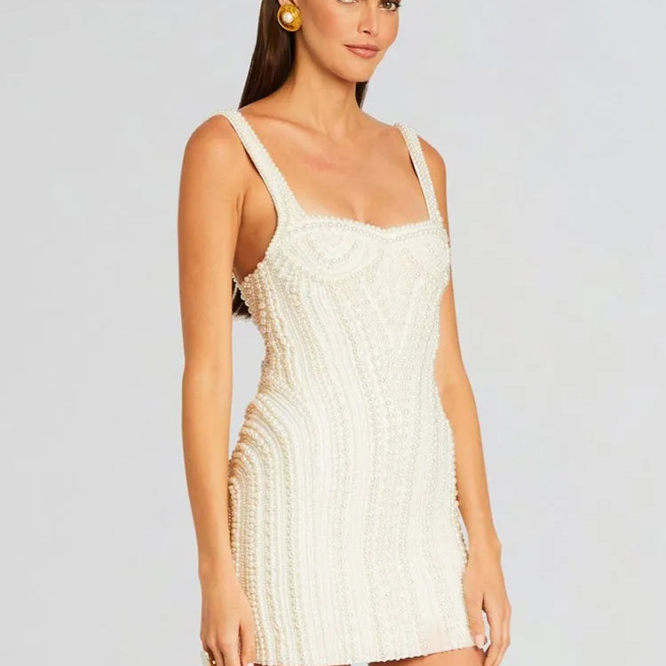 Women Sleeveless Sexy Strap Pearl Beading Bodycon Mini Dress Cute Girls' Birthday Party Celebrate Dress Wholesale