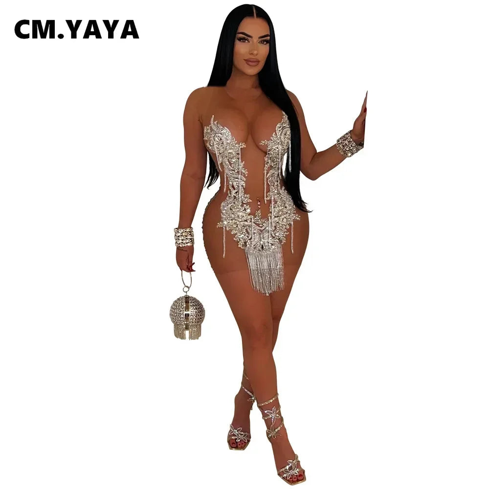 CM.YAYA Women O-neck Sequined Tassel Mini Dress Sleeveless Mesh See Through Sexy Pencil Dresses Sexy Fashion Vestidos Summer