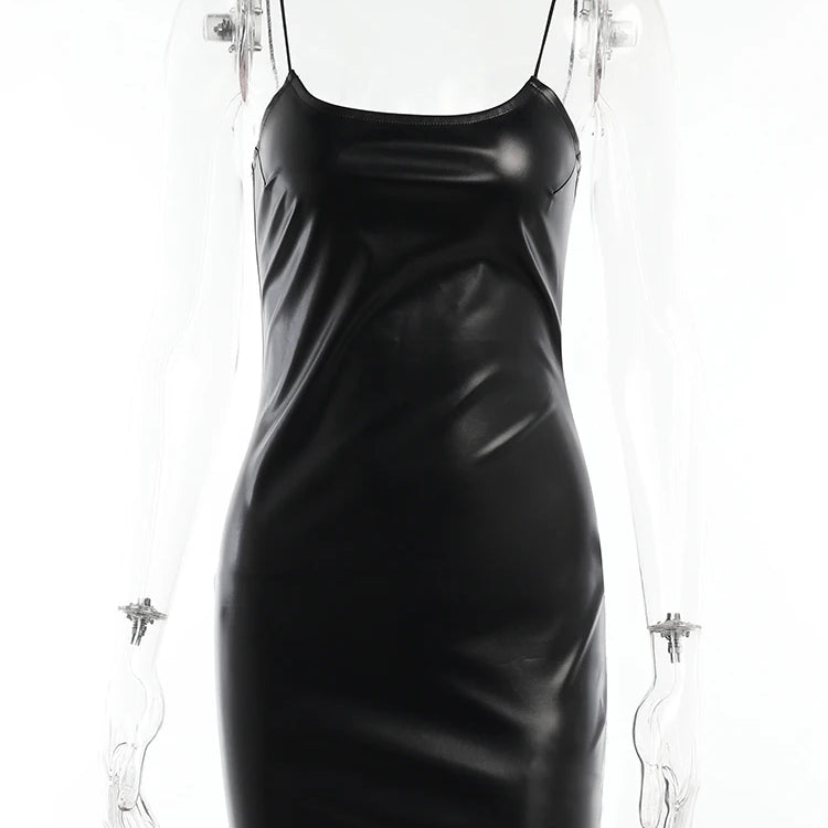 Gothic Punk Balck Faux Leather 2Pcs Dress Vintage Flare Sleeve Crop Tops Women Sexy Backless Bodycon Nightclub Dresses black