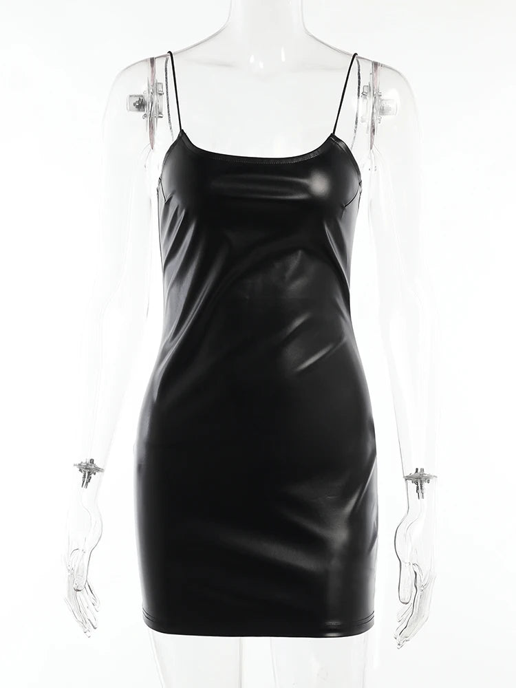 Gothic Punk Balck Faux Leather 2Pcs Dress Vintage Flare Sleeve Crop Tops Women Sexy Backless Bodycon Nightclub Dresses black