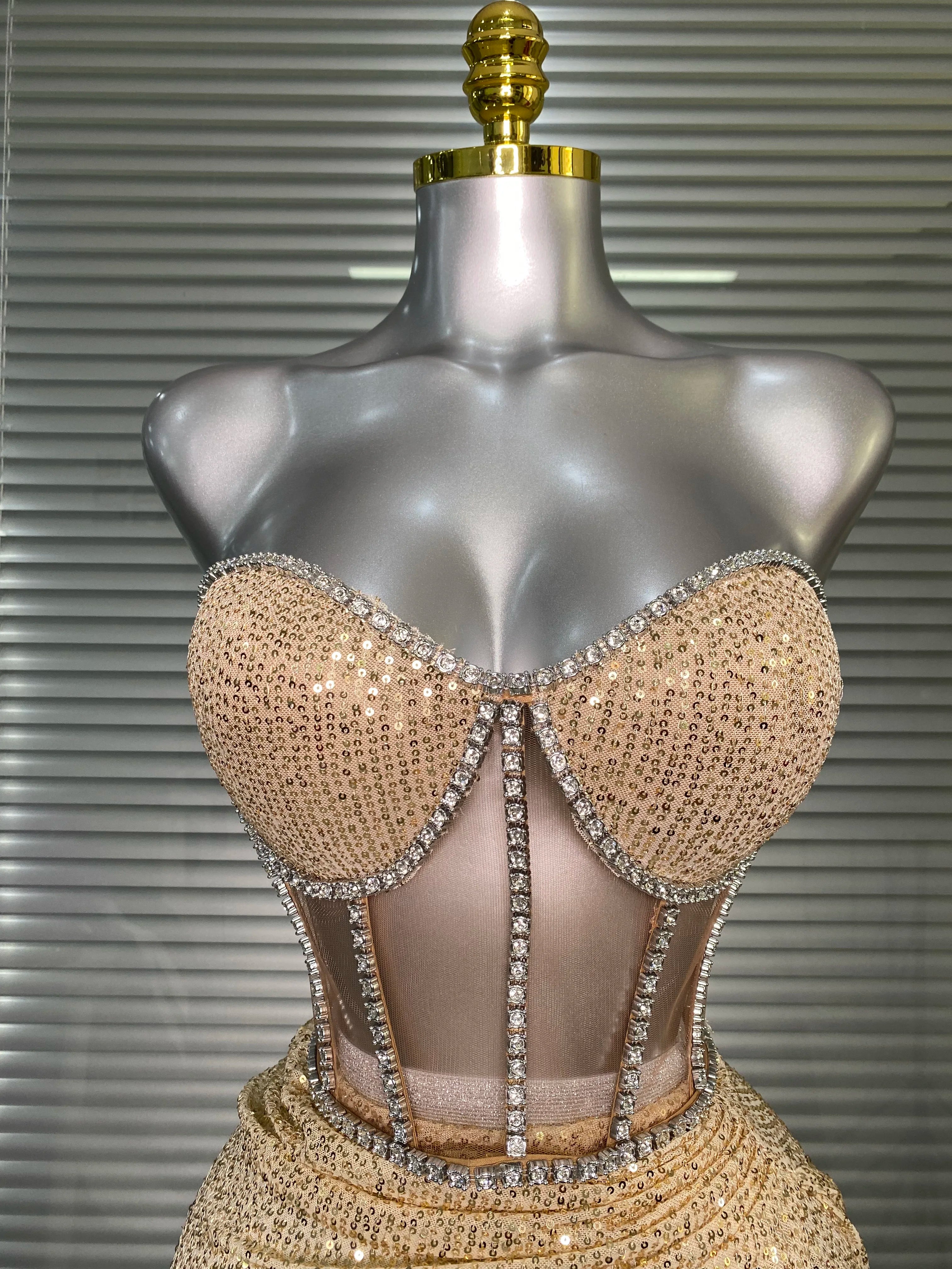 Women Sexy Sparkly Sequins Strapless Lace Openback Two Piece High Split Birthday Party Nightclub Outfit Dancer Performance Suit