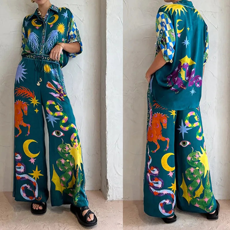 Autumn Cartoon Print Pant Suit Women Elegant Turn Down Collar Shirts + Loose Wide Leg Pants 2 Pieces Sets Women Outfits Clothing