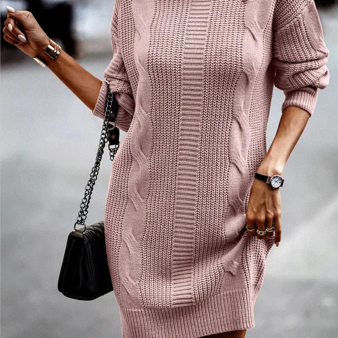 Winter Turtleneck Knitted Dress Women Casual Solid Long Sleeve Pullovers Robe Elegant Sweater Dresses Female Warm Loose Dress Pink
