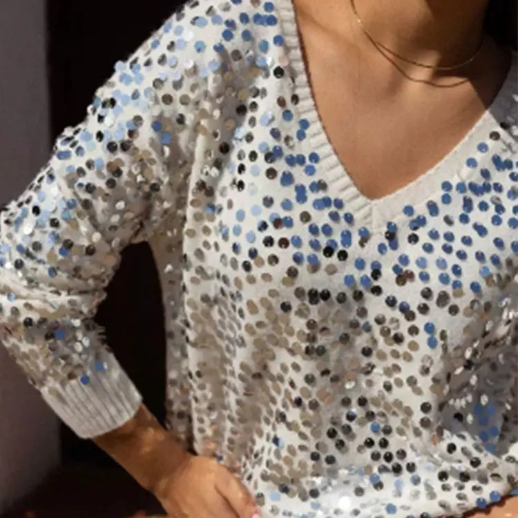 Fashion Sequins Glitter Loose Sweaters For Women Sexy V Neck Long Sleeve Wram Jumper Tops Office Ladies Weam Commute Pullover WHITE
