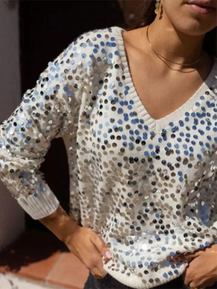 Fashion Sequins Glitter Loose Sweaters For Women Sexy V Neck Long Sleeve Wram Jumper Tops Office Ladies Weam Commute Pullover WHITE